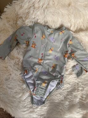 Disney Sage Green Long-Sleeve Swim Bodysuit with Pooh & Friends